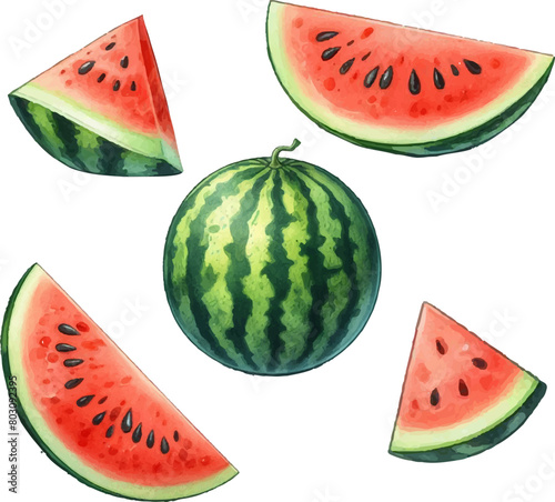 set with watermelon in watercolor style in vector 