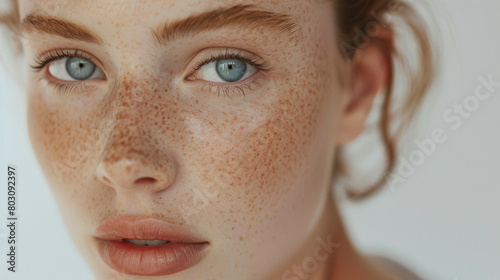 Zoom in eyes Woman Red hair skin model with freckles spot skin complexion blue eyes photo