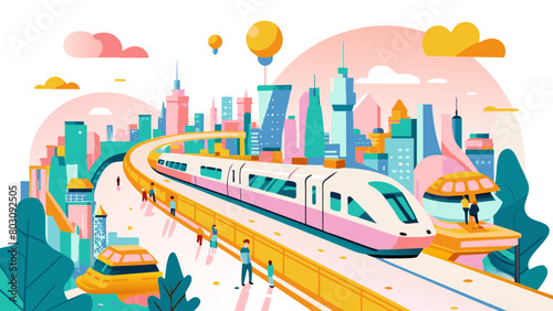 Colorful Urban Landscape with Modern Train and City Dwellers
