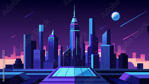 Futuristic Cityscape at Twilight with Vibrant Skyline and Space Elements