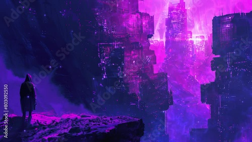 Purple night in the city with neon lights. Relaxing and ambient loop video animation. For relax and chill music video