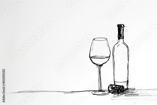 Simple line drawing of a glass of wine and a bottle of wine. Wine aesthetics. Isolated white background