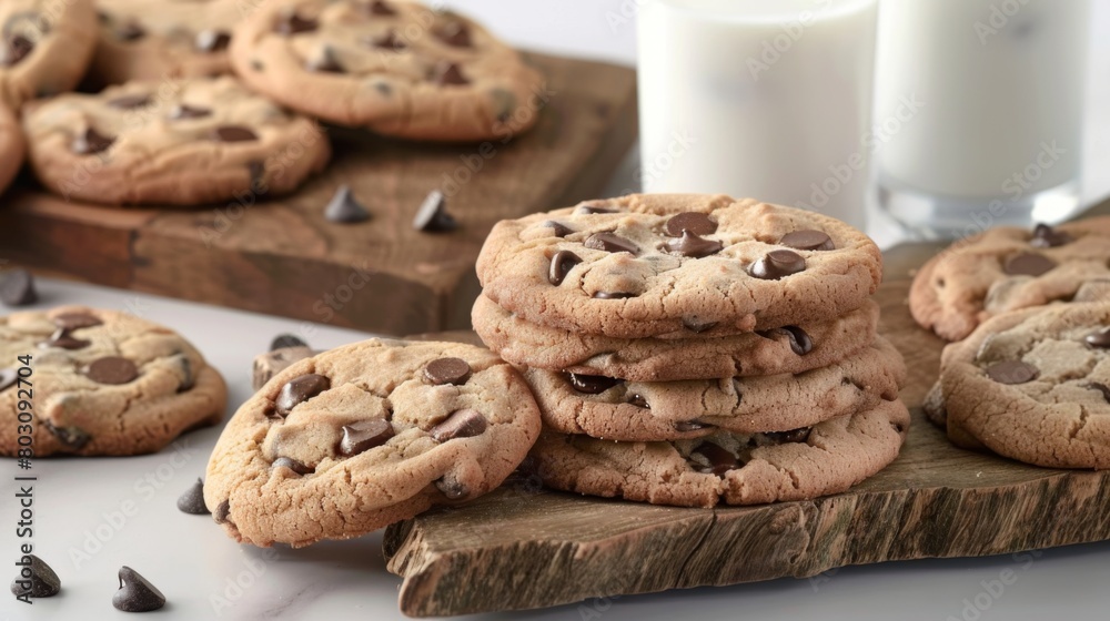 Freshly Baked Chocolate Chip Cookies with Glass of Milk on Table Freshly Baked Chocolate Chip Cookies with Glass of Milk on Table