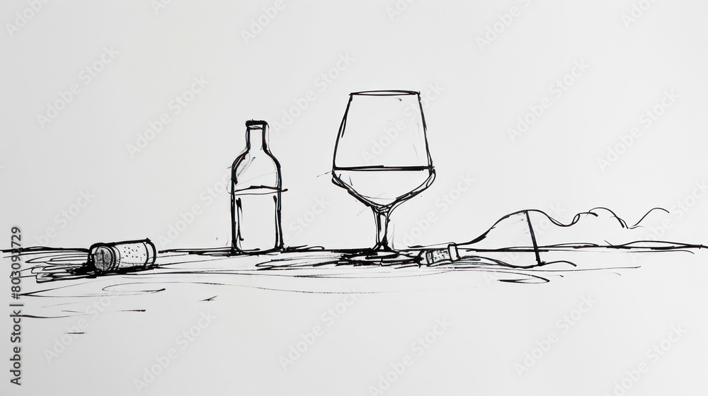 Simple line drawing of a glass of wine and a bottle of wine. Wine aesthetics. Isolated white background