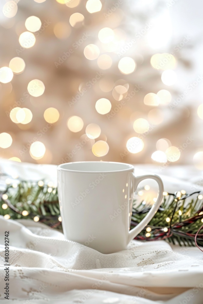 Cozy Winter Warmth: Mug, Pine Cones, and Twinkling Lights Cozy Winter Warmth: Mug, Pine Cones, and Twinkling Lights