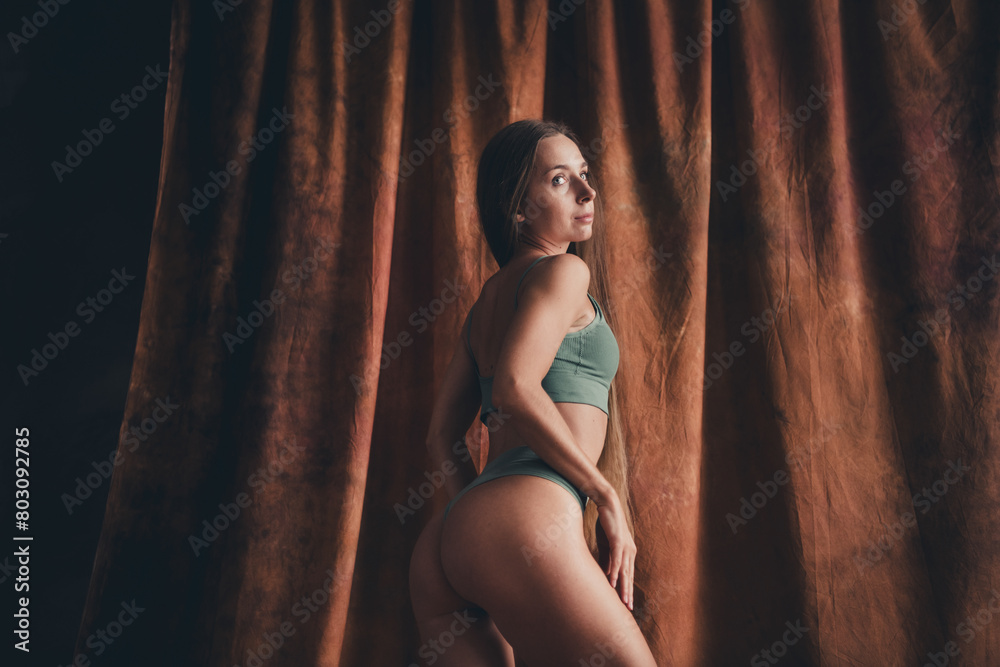 No filter studio photo of body positive charming pretty woman wear khaki lingerie self acceptance isolated on brown color background