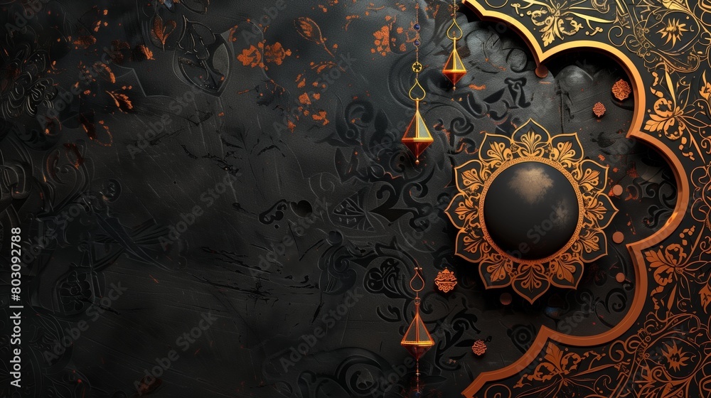 Elegant dark textured background with ornate orange and gold design elements and hanging ornaments.