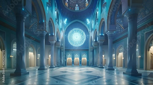 a large blue mosque with columns and a dome, mosque synagogue interior photo