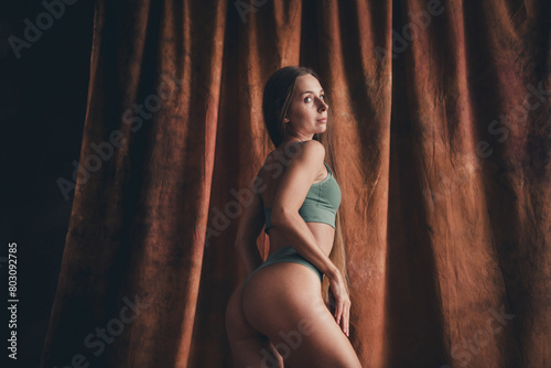 No filter studio photo of body positive charming pretty woman wear khaki lingerie self acceptance isolated on brown color background