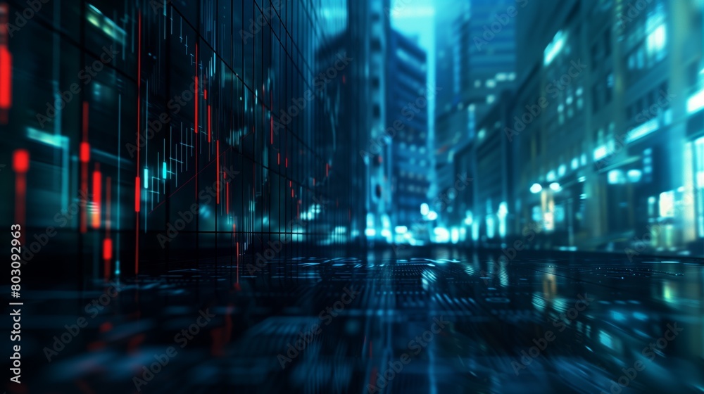 Futuristic cityscape with reflective surfaces and glowing blue and red financial charts in the foreground.