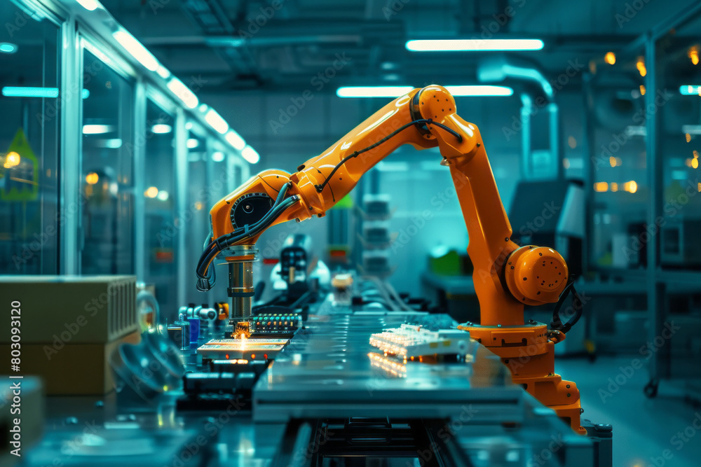Robot Arm inside Factory. Electronic Devices Production Industry. AI generative Robot Arm inside Factory. Electronic Devices Production Industry. AI generative
