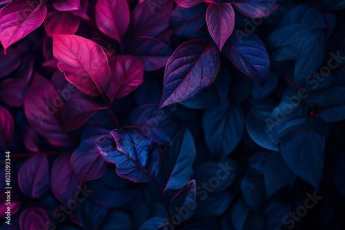 various tropical leaves with purple and blue color scheme and Monstera leaves illustration