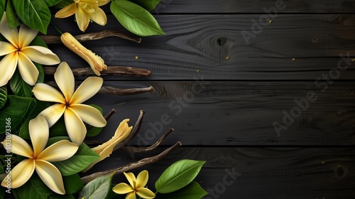 Dark wooden background with arranged plumeria flowers, green leaves, and vanilla pods.