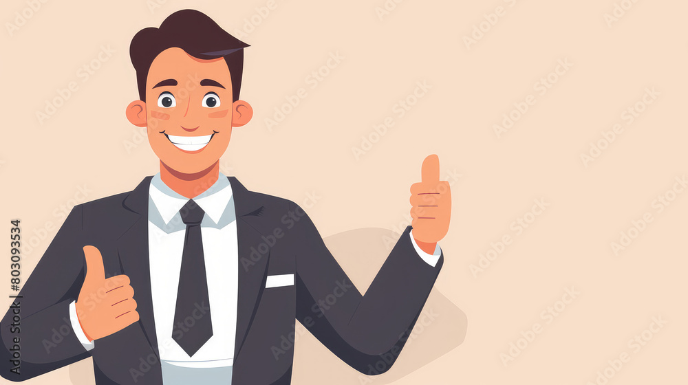 Businessman man in official clothes smiles and gives a thumbs up on simple flat background with copy space. Flat illustration style, banner or post template. Businessman man in official clothes smiles and gives a thumbs up on simple flat background with copy space. Flat illustration style, banner or post template.