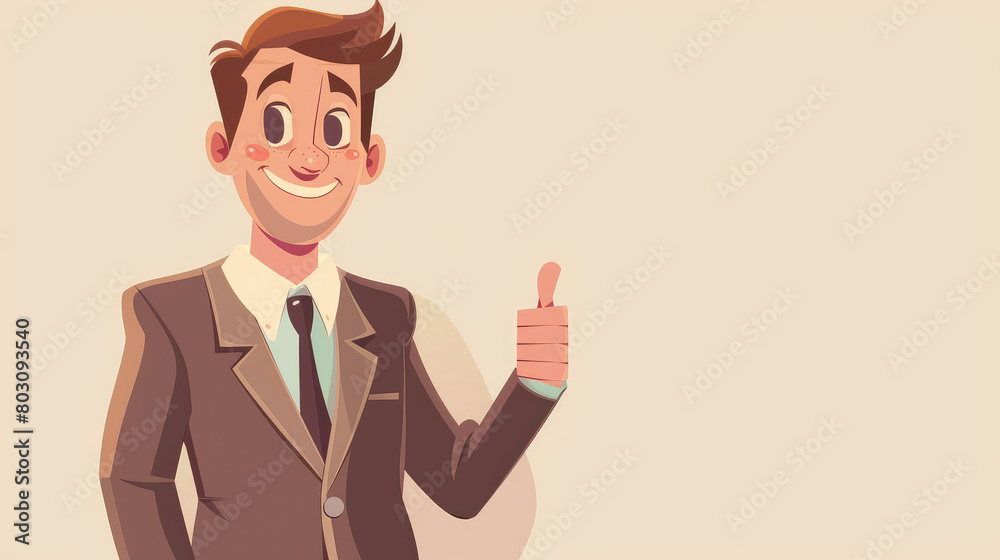 Businessman man in official clothes smiles and gives a thumbs up on simple flat background with copy space. Flat illustration style, banner or post template.