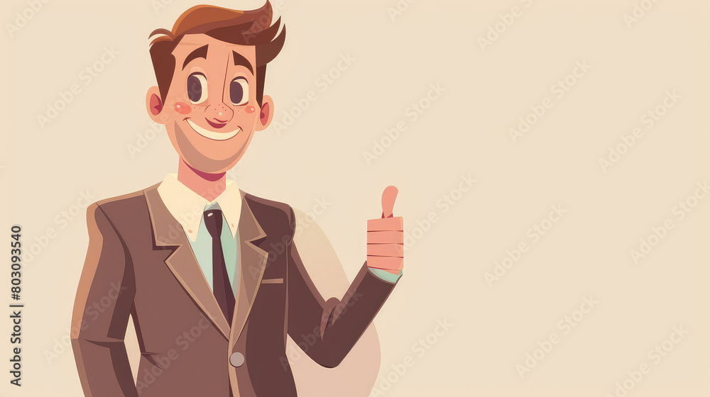 Businessman man in official clothes smiles and gives a thumbs up on simple flat background with copy space. Flat illustration style, banner or post template. Businessman man in official clothes smiles and gives a thumbs up on simple flat background with copy space. Flat illustration style, banner or post template.