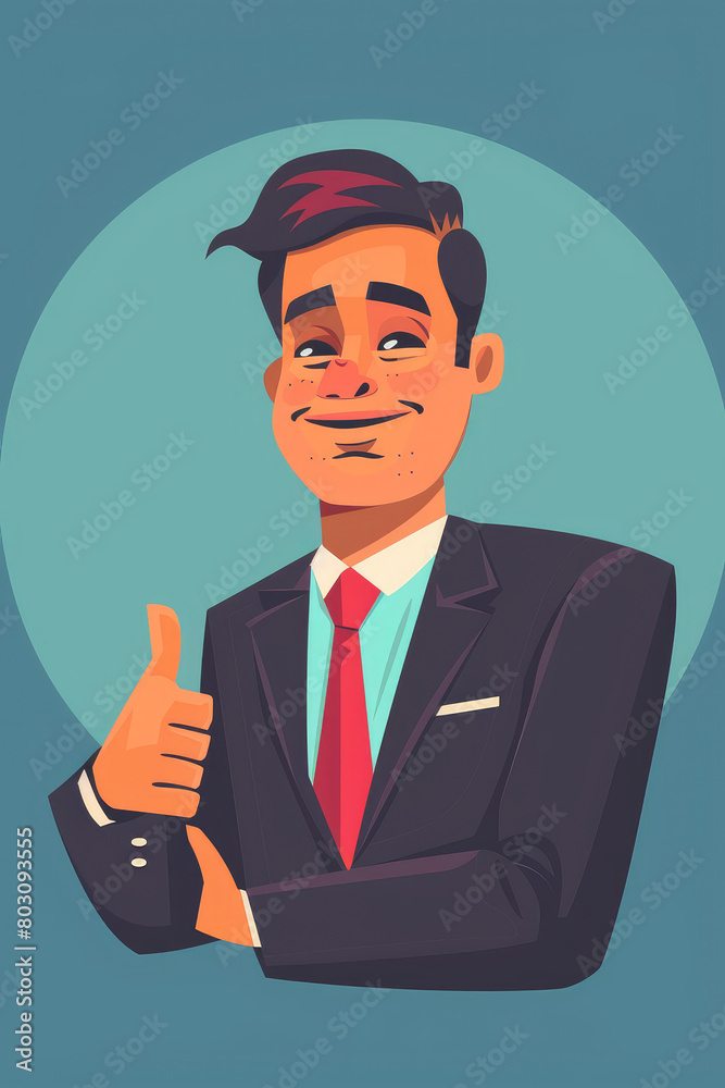 Businessman man in official clothes smiles and gives a thumbs up on simple flat blue background with copy space. Flat illustration style, banner or post template.