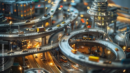Detailed miniature model of a bustling, multi-level urban road system with glowing lights at dusk.