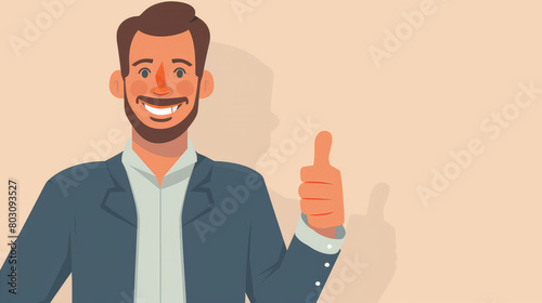 Businessman man in official clothes smiles and gives a thumbs up on simple flat background with copy space. Flat illustration style, banner or post template.