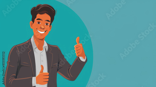 Businessman man in official clothes smiles and gives a thumbs up on simple flat blue background with copy space. Flat illustration style, banner or post template.