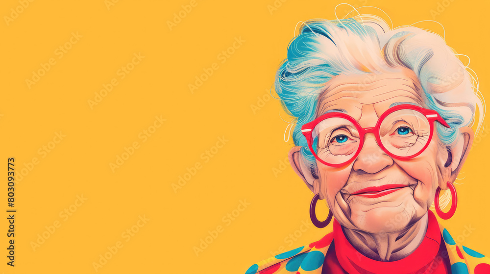 Cute old grandma woman on simple flat yellow background with copy space. Flat illustration style, banner or post template. Cute old grandma woman on simple flat yellow background with copy space. Flat illustration style, banner or post template.