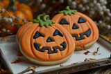 Halloween dessert - cookies in the shape of a cute pumpkins. AI generative