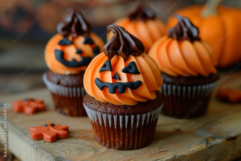 Halloween dessert - cupcakes in the shape of a cute pumpkins. AI generative Halloween dessert - cupcakes in the shape of a cute pumpkins. AI generative