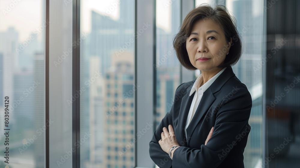 copy space, stockphoto, portrait of a senior asian business woman in a modern office on a high floor in a skyscraper, overlooking the city. Female Asian succesful businesswoman in a skyscraper.