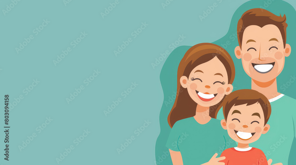 Mommy daddy and kid smiling on simple flat blue background with copy space. Flat illustration style, banner or post template. Mommy daddy and kid smiling on simple flat blue background with copy space. Flat illustration style, banner or post template.