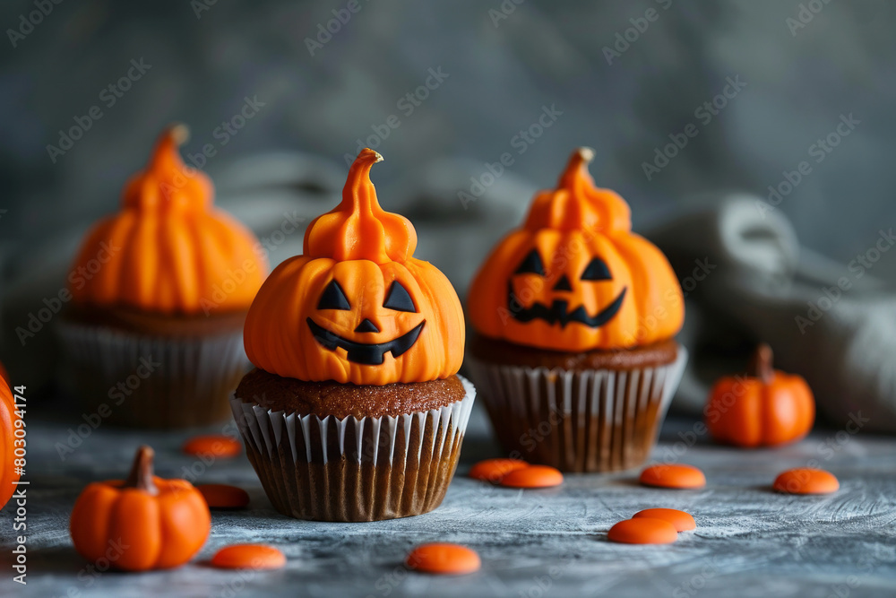 Halloween dessert - cupcakes in the shape of a cute pumpkins. AI generative Halloween dessert - cupcakes in the shape of a cute pumpkins. AI generative