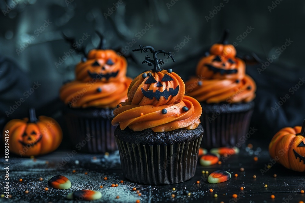 Halloween dessert - cupcakes in the shape of a cute pumpkins. AI generative Halloween dessert - cupcakes in the shape of a cute pumpkins. AI generative