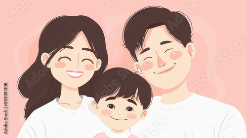 Mommy daddy and kid smiling on simple flat background with copy space. Flat illustration style, banner or post template.