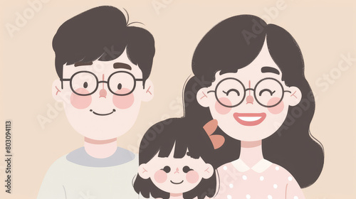 Mommy daddy and kid smiling on simple flat background with copy space. Flat illustration style  banner or post template.