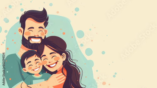 Mommy daddy and kid smiling on simple flat yellow background with copy space. Flat illustration style, banner or post template.