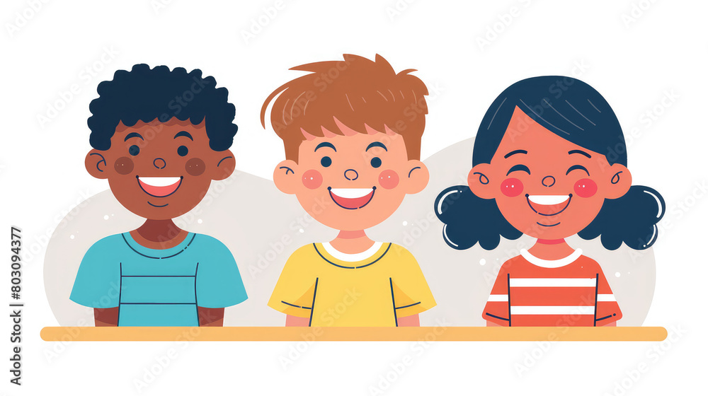 Portrait of a group of cheerful smiling children on simple white flat background with copy space. Flat illustration style, banner or post template.