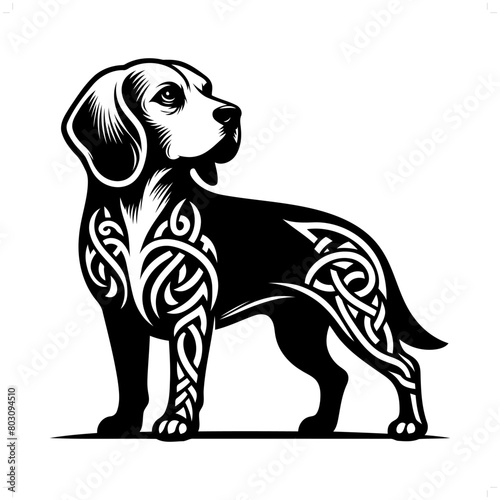 Beagle silhouette in animal celtic knot, irish, nordic illustration
