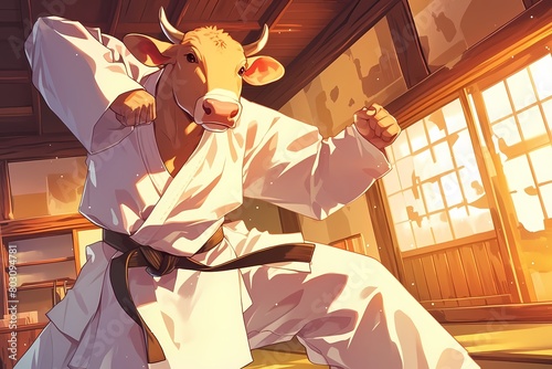 a karate cow, anime style illustration © Yoshimura