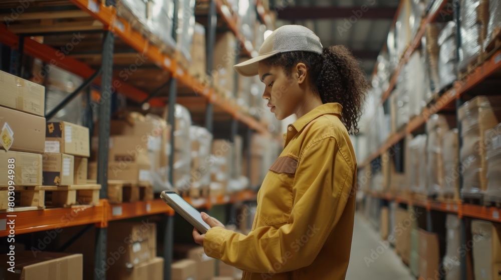 Female worker in a warehouse using a tablet to check the stock of boxes and prepare goods for delivery.