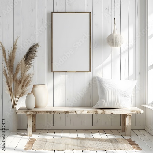 A wooden bench contrasts against a white wall adorned with a poster frame, creating a modern entrance hall. The monochromatic white figures add an ethnic touch photo
