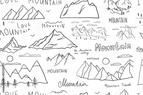 Seamless pattern of mountains and lettering in doodle style. Mountain peaks. Climbing. Hiking. The mountains are calling. Travel design. Adventure. Hand drawn vector illustration Great for poster