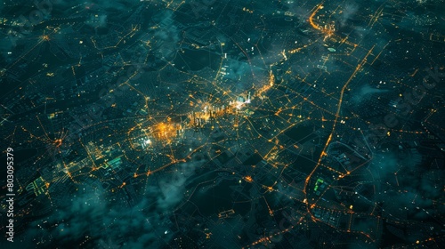 Stunning aerial view of a cityscape at night with glowing lights and intricate road networks