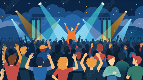 As the night went on the crowd grew larger and more enthusiastic cheering as each new artist impressed on stage. Vector illustration