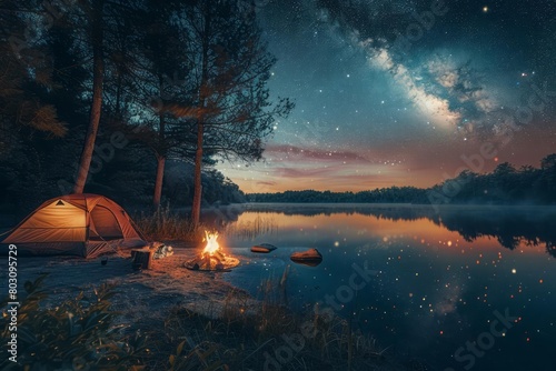 An idyllic summer campsite at dusk, with tents set up near a calm lake, a campfire ready for the night, and stars beginning to appear in the twilight sky