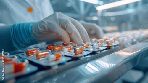 Pharmacologist checks blister packs with medicinal capsules moving on a conveyor. Plastic package with capsule meds. Medication capsules in blisters. Pharmaceutical factory production line. Macro