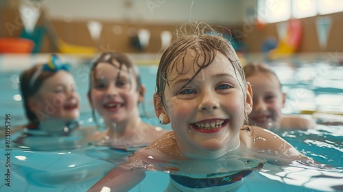 Four joyful young children enjoying a swim in an indoor pool  with bright smiles.