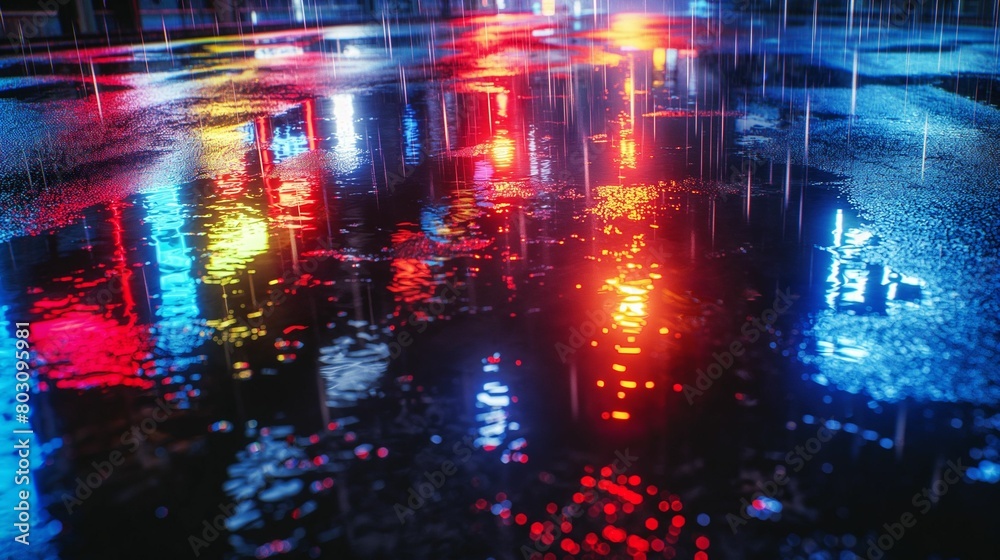 Rain-soaked street reflecting vibrant neon lights at night. Rain-soaked street reflecting vibrant neon lights at night.