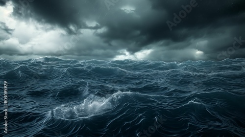 Dramatic stormy ocean waves under dark thunderclouds.