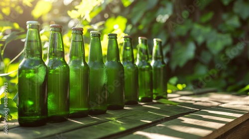 Row of cold green beer bottles on a wooden table with sunlight filtering through leaves.