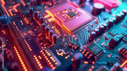 Close-up of an illuminated electronic circuit board with microchips and processors.