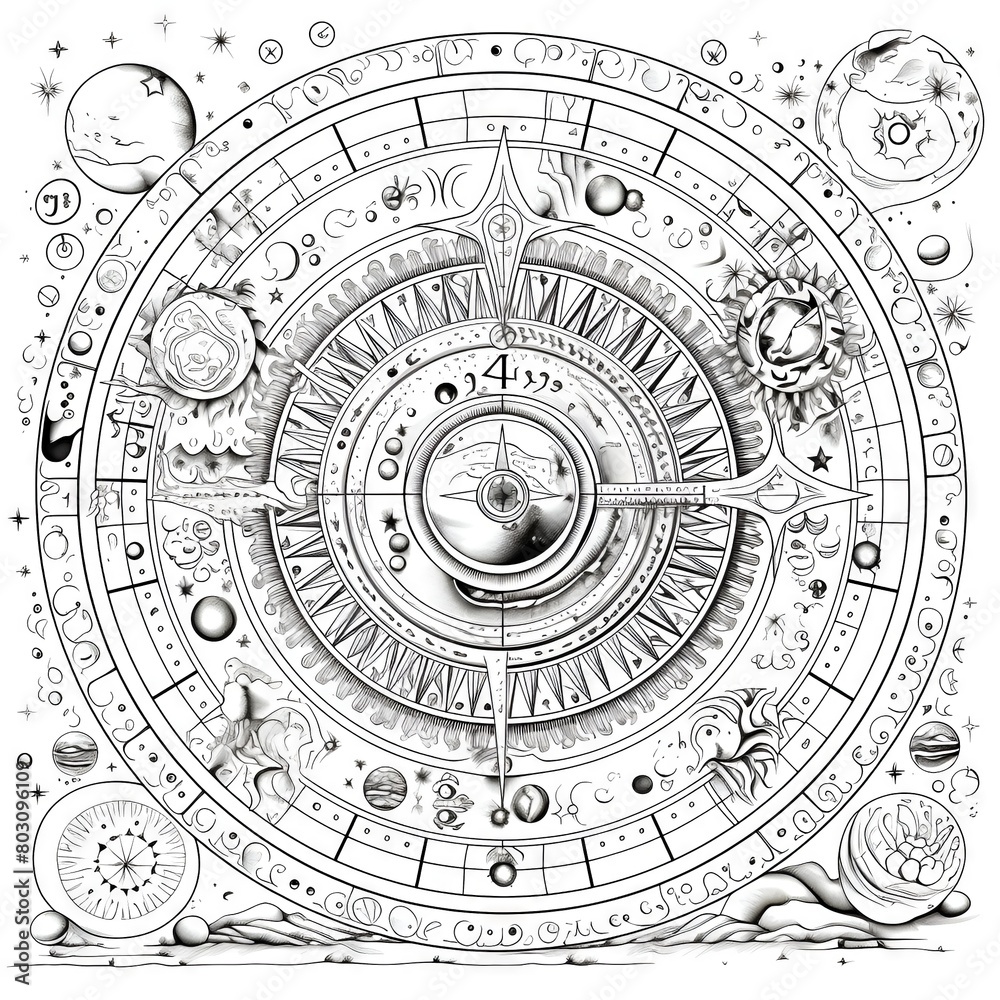 Coloring book page for kids and adults of an astrological chart features a central clock face surrounded by concentric circles of symbols